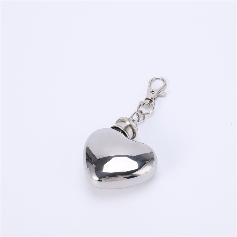 1oz Mini Stainless Steel Hip Flask with Heart Charm & Keychain